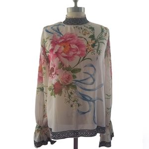 FLYING TOMATO Floral Peasant Blouse Ruffle Sleeves | SZ L